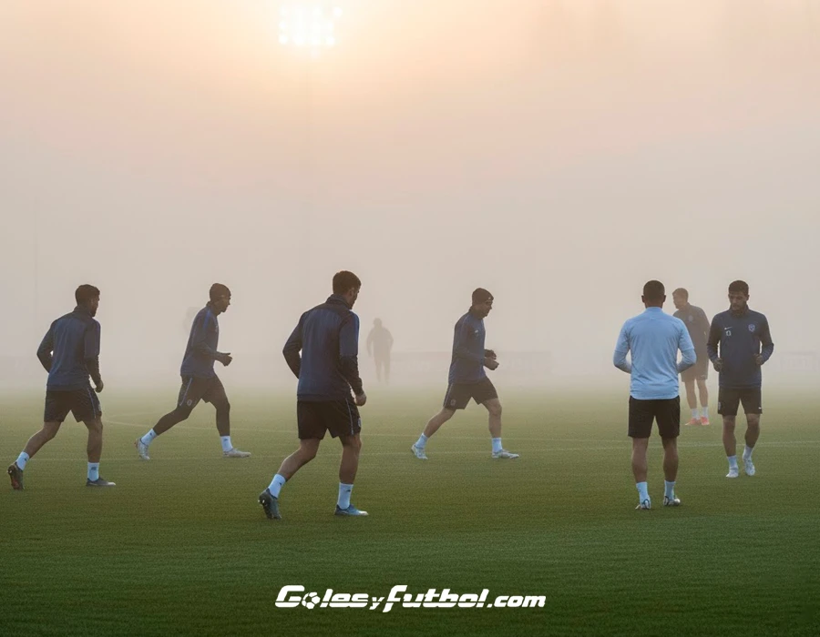 jugadores entrenando fútbol 8 en Bogotá en neblina