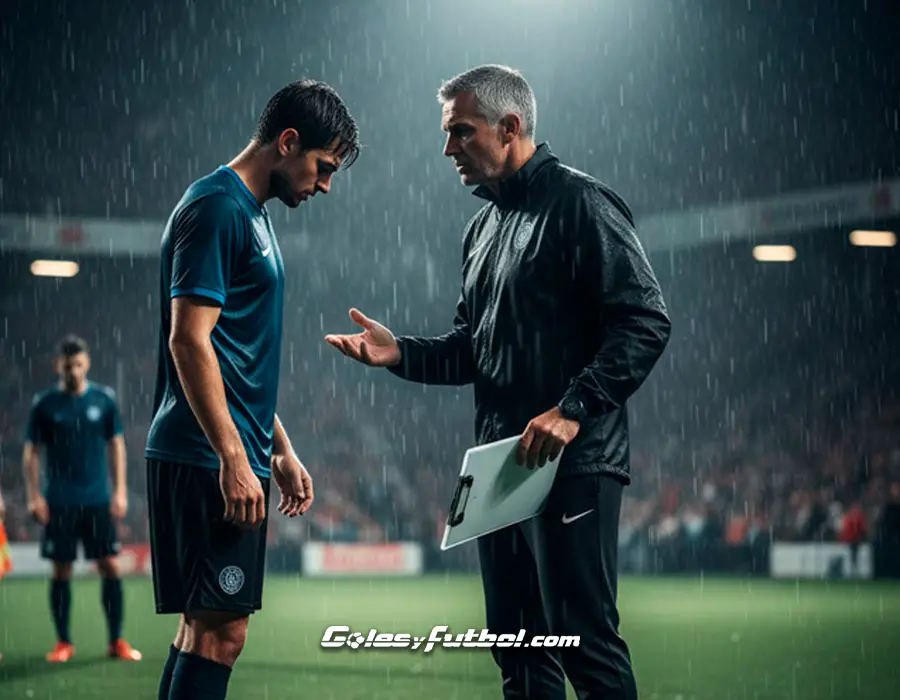 Tecnico de fútbol y jugador en medio de un campo de fútbol